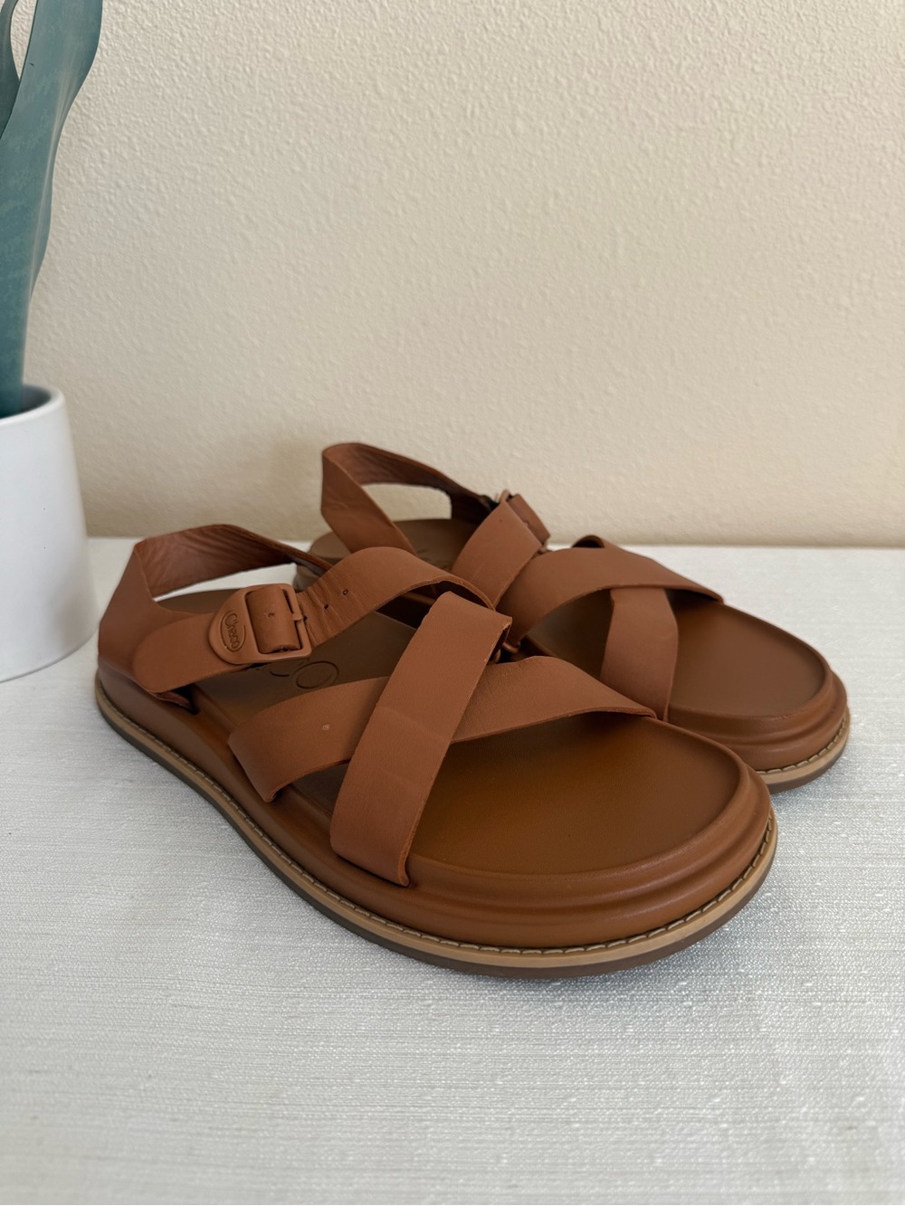 Chaco Tan Leather Cross-Strap Adjustable Platform Sandals